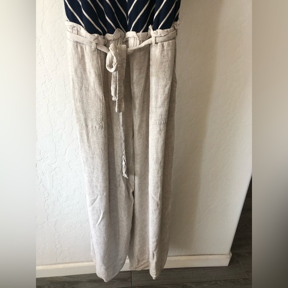 Monteau|Linen blend belted wide leg jumpsuit in Ivory & Stripes•Nautical Beachy - Picture 10 of 16
